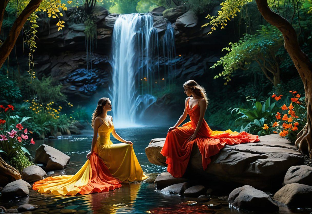 A captivating scene depicting an enchanting storyteller surrounded by ethereal, dreamlike figures that embody sensuality and eroticism. The background features a cascading waterfall of vivid colors, symbolizing the flow of desires and fantasies. The storyteller is portrayed with an expressive face, engaging with a diverse audience that reflects various emotions. Soft, flowing fabric elements swirl around, adding a touch of elegance and mystique. Overall, the atmosphere is charged with an intoxicating blend of passion and imagination. vibrant colors. painting. dreamlike atmosphere.